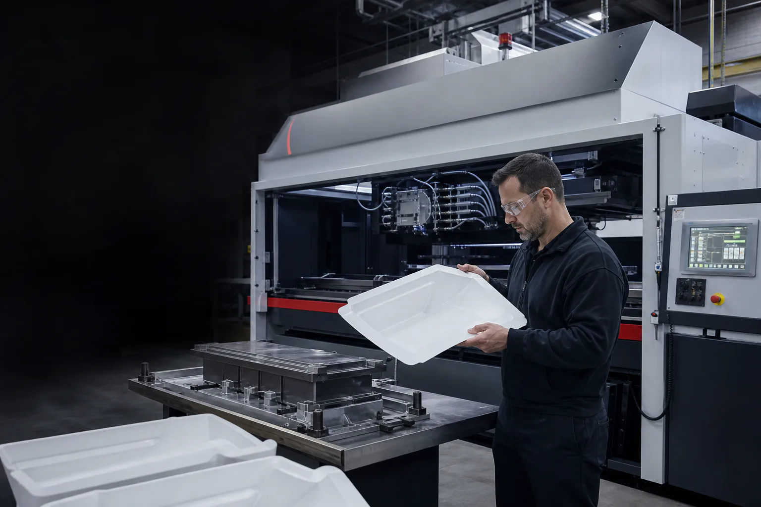 Engineer inspecting a thermoformed component beside industrial forming equipment